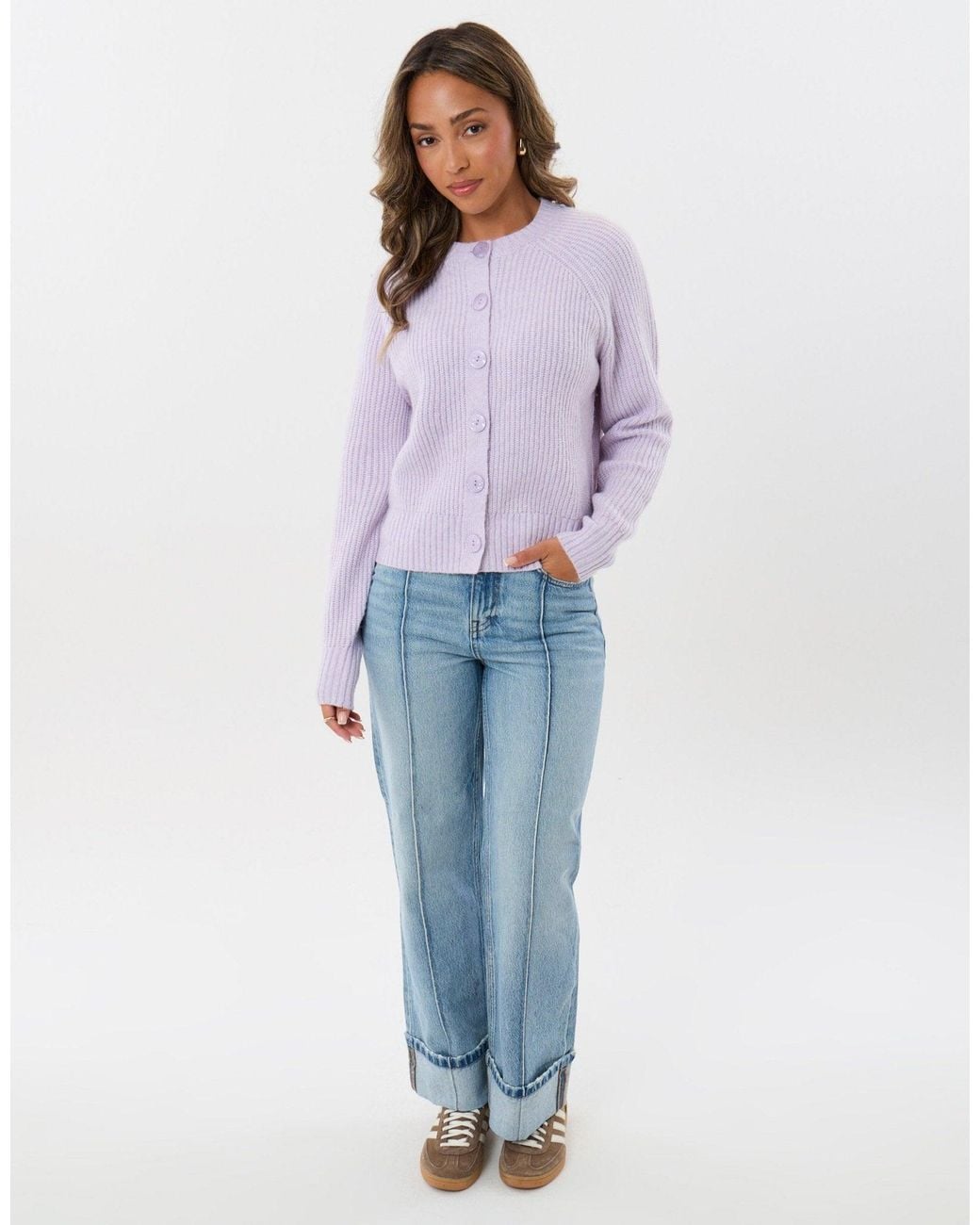 Threadbare Purple Chunky Knit Crew Neck Cardigan