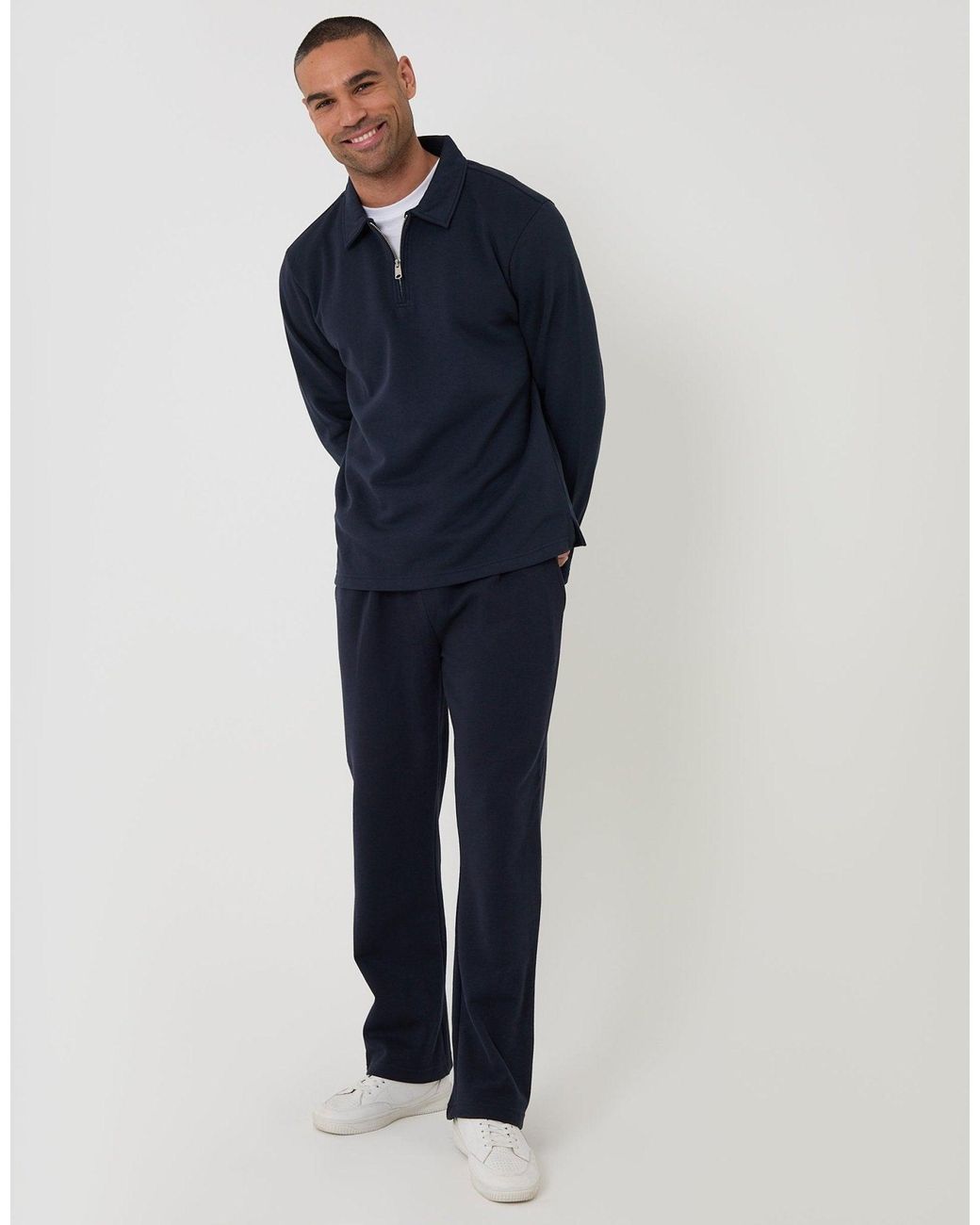 Threadbare Blue Quarter Zip Long Sleeve Polo Sweatshirt for men