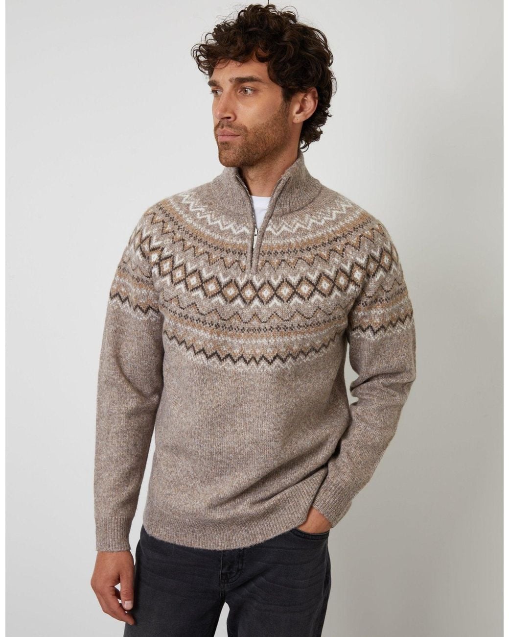 Threadbare Brown Fairisle Quarter Zip Knitted Jumper for men