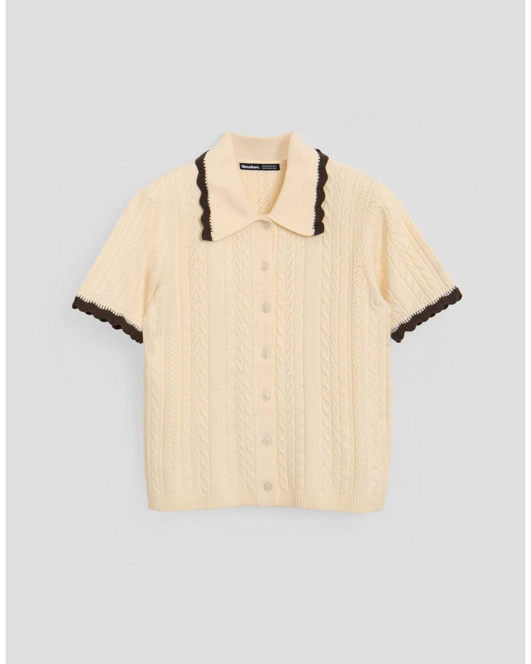 Threadbare Natural Cable Knit Scallop Trim Polo