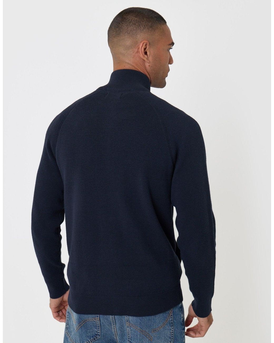 Threadbare Blue Knitted Zip Up Funnel Neck Cardigan for men