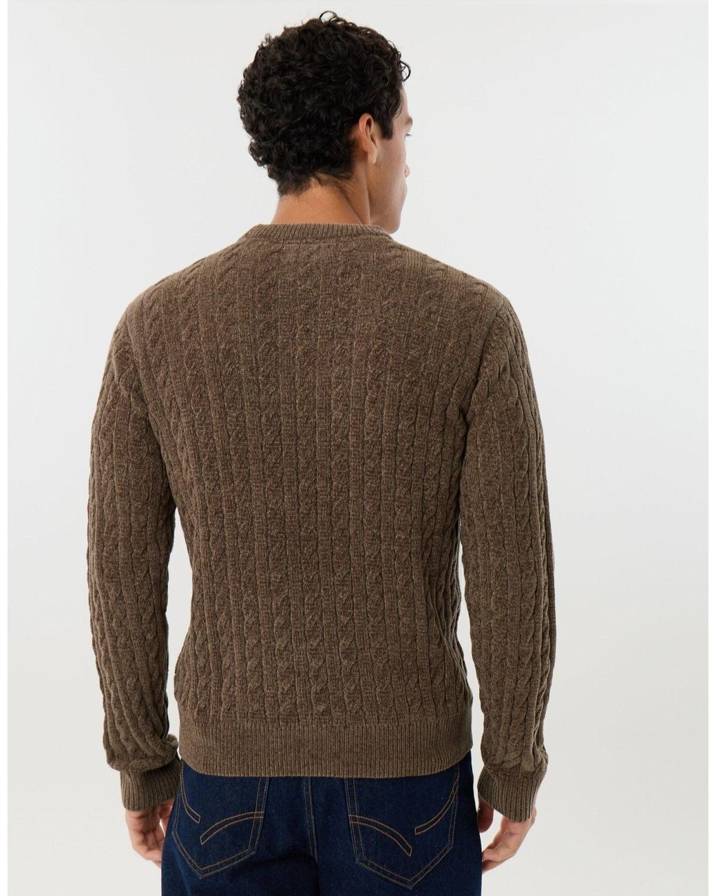 Threadbare Brown Fluffy Cable Knit Crew Neck Jumper for men