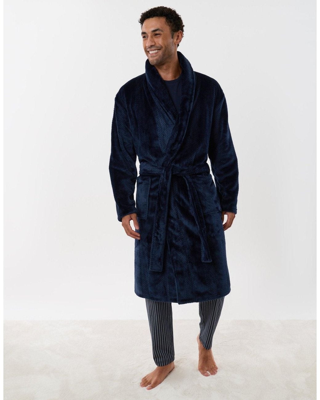 Threadbare Blue Textured Fleece Dressing Gown for men
