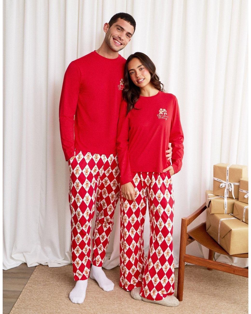 Threadbare Red Cotton Gingerbread Print Christmas Pyjama Set