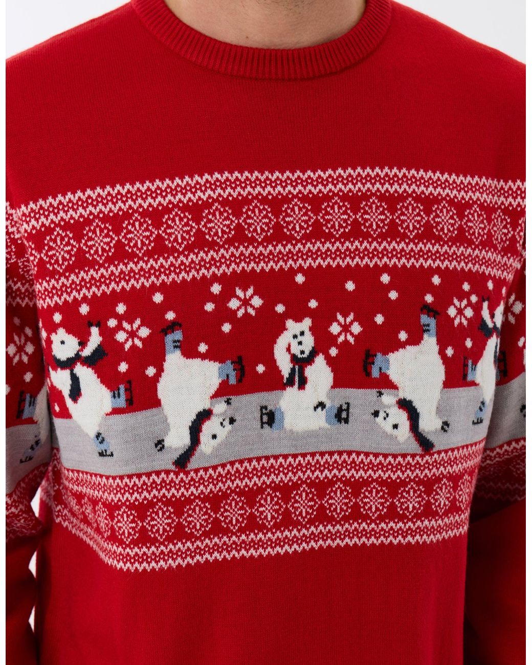 Threadbare Red Skating Bear Fairisle Christmas Jumper for men