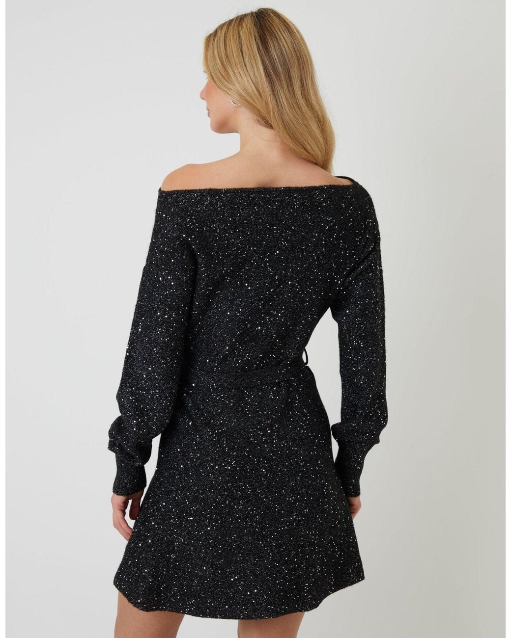 Threadbare Black Knitted Sequin Slash Neck Mini Dress