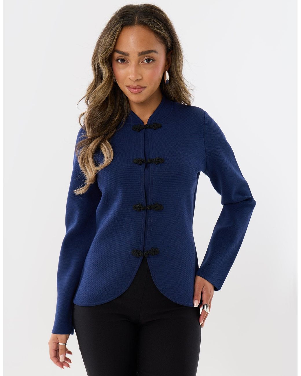 Threadbare Blue Curved Hem Mandarin Style Cardigan