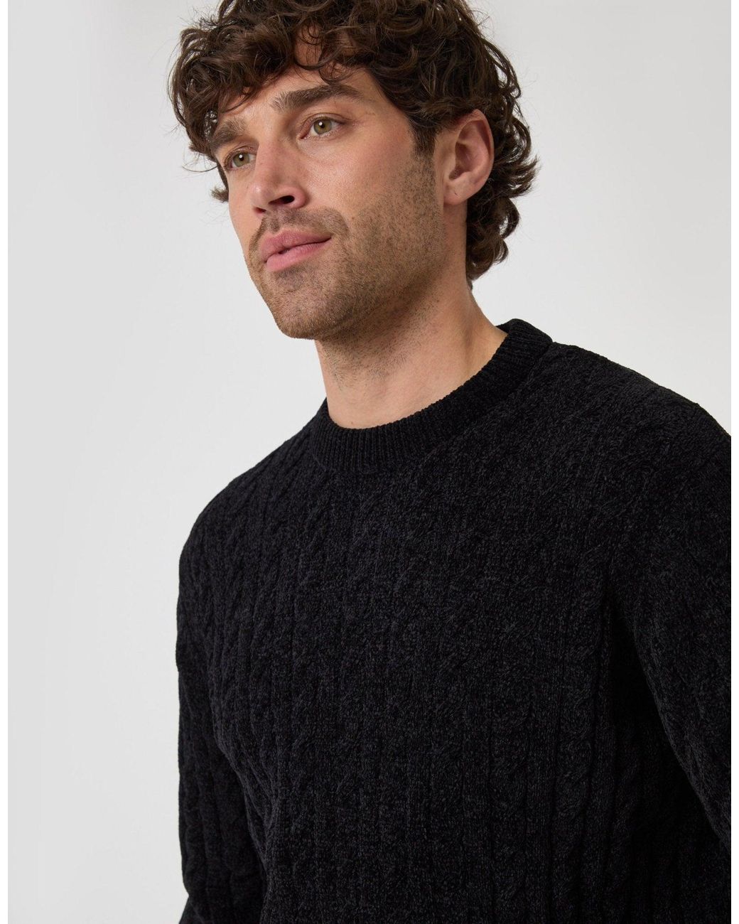 Threadbare Black Fluffy Cable Knit Crew Neck Jumper for men