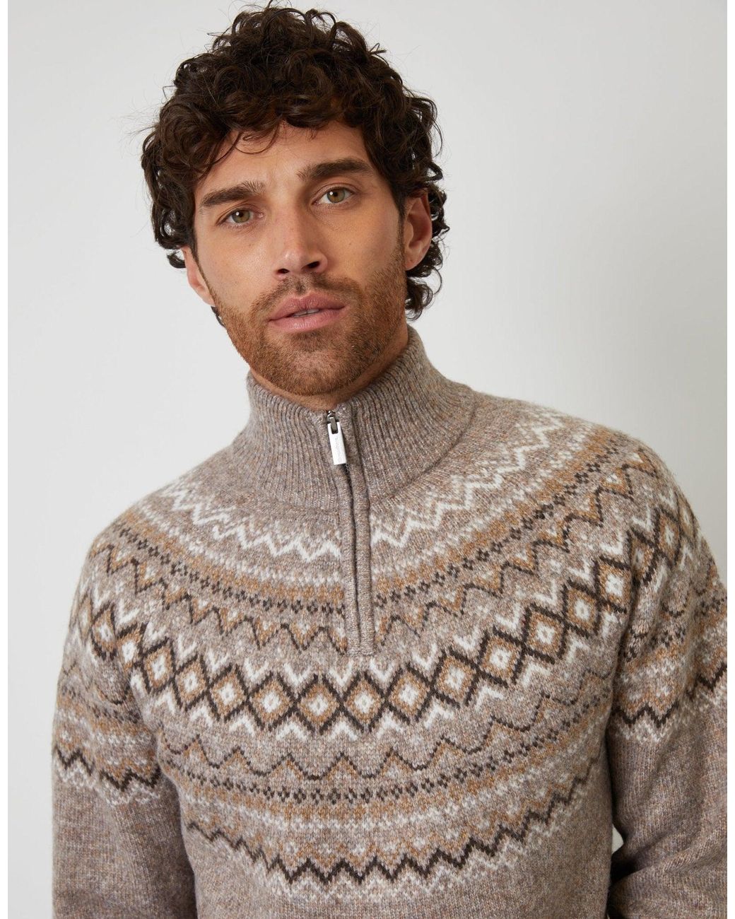 Threadbare Brown Fairisle Quarter Zip Knitted Jumper for men