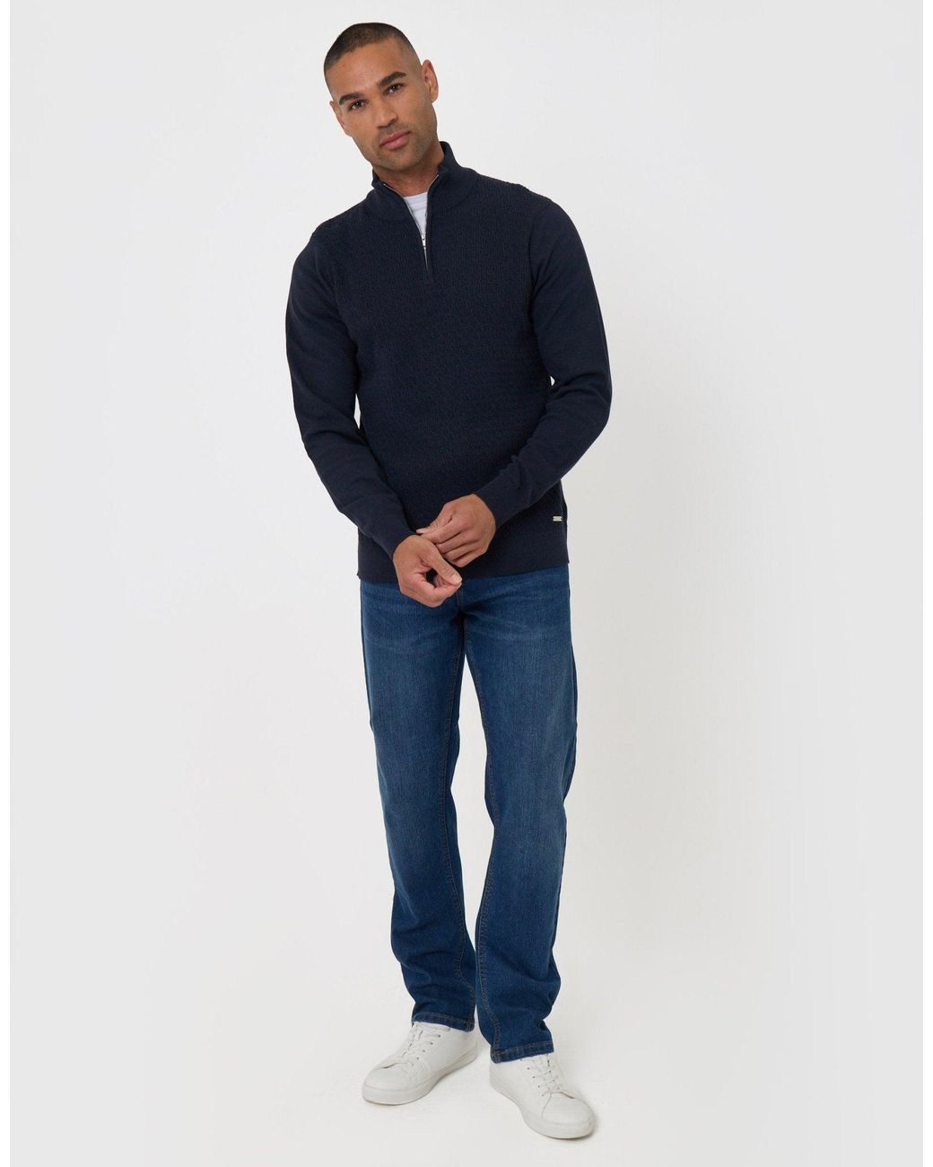 Threadbare Blue Mini Cable Knit Quarter Zip Jumper for men