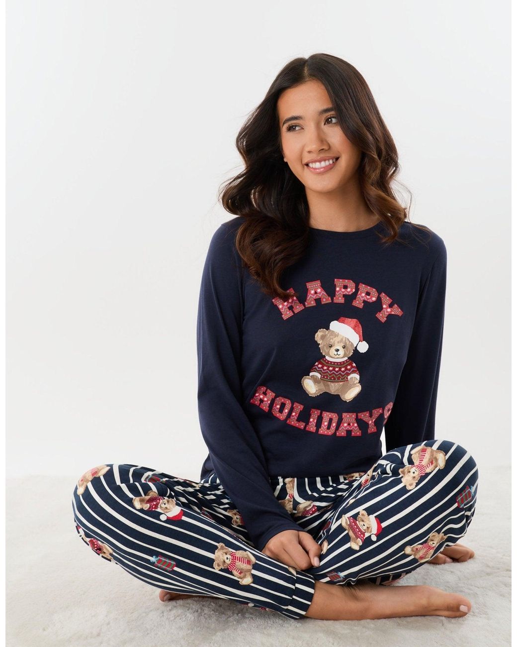 Threadbare Blue Cotton Teddy Bear Print Christmas Pyjama Set