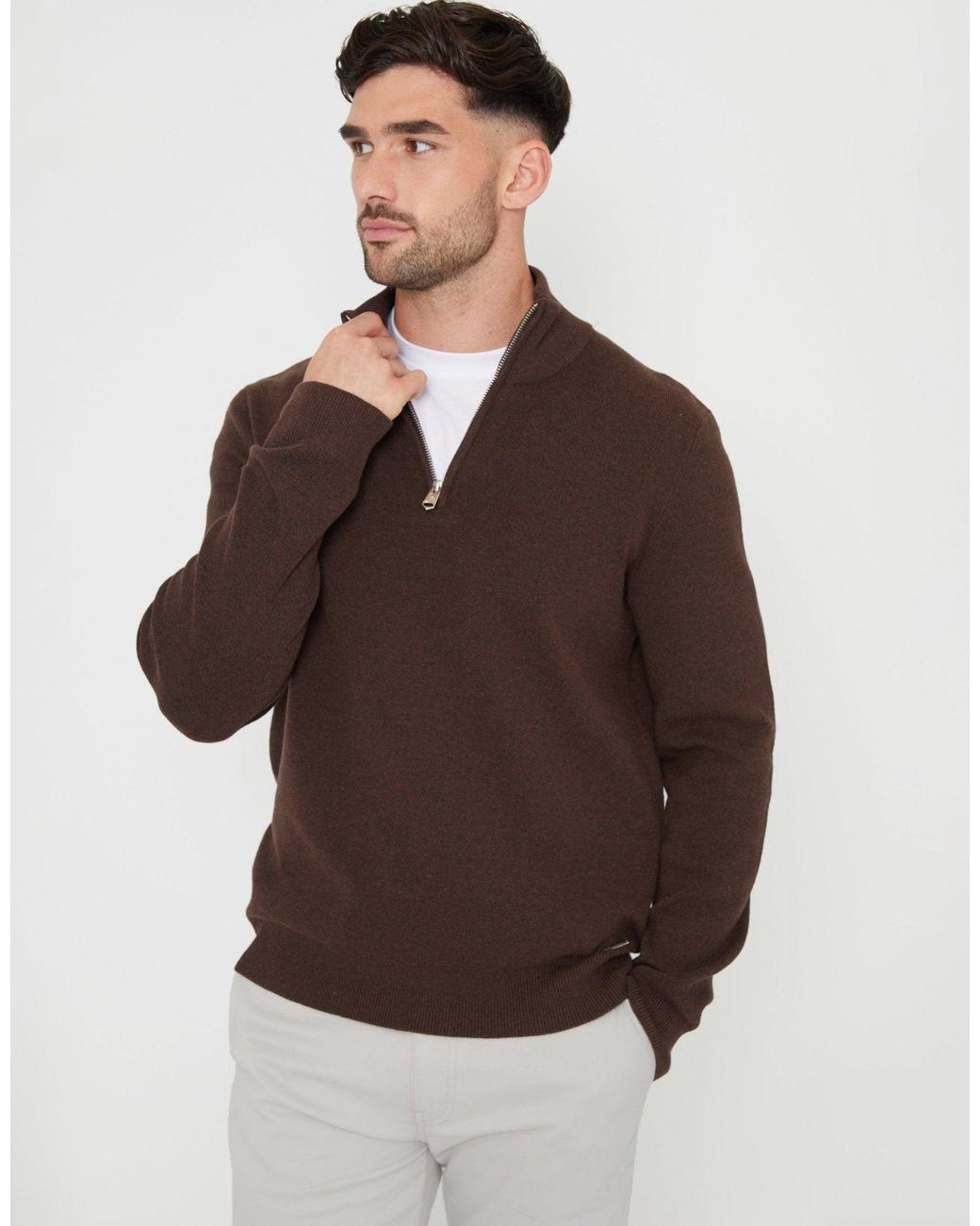 Threadbare Brown Knitted Quarter Zip Jumper for men