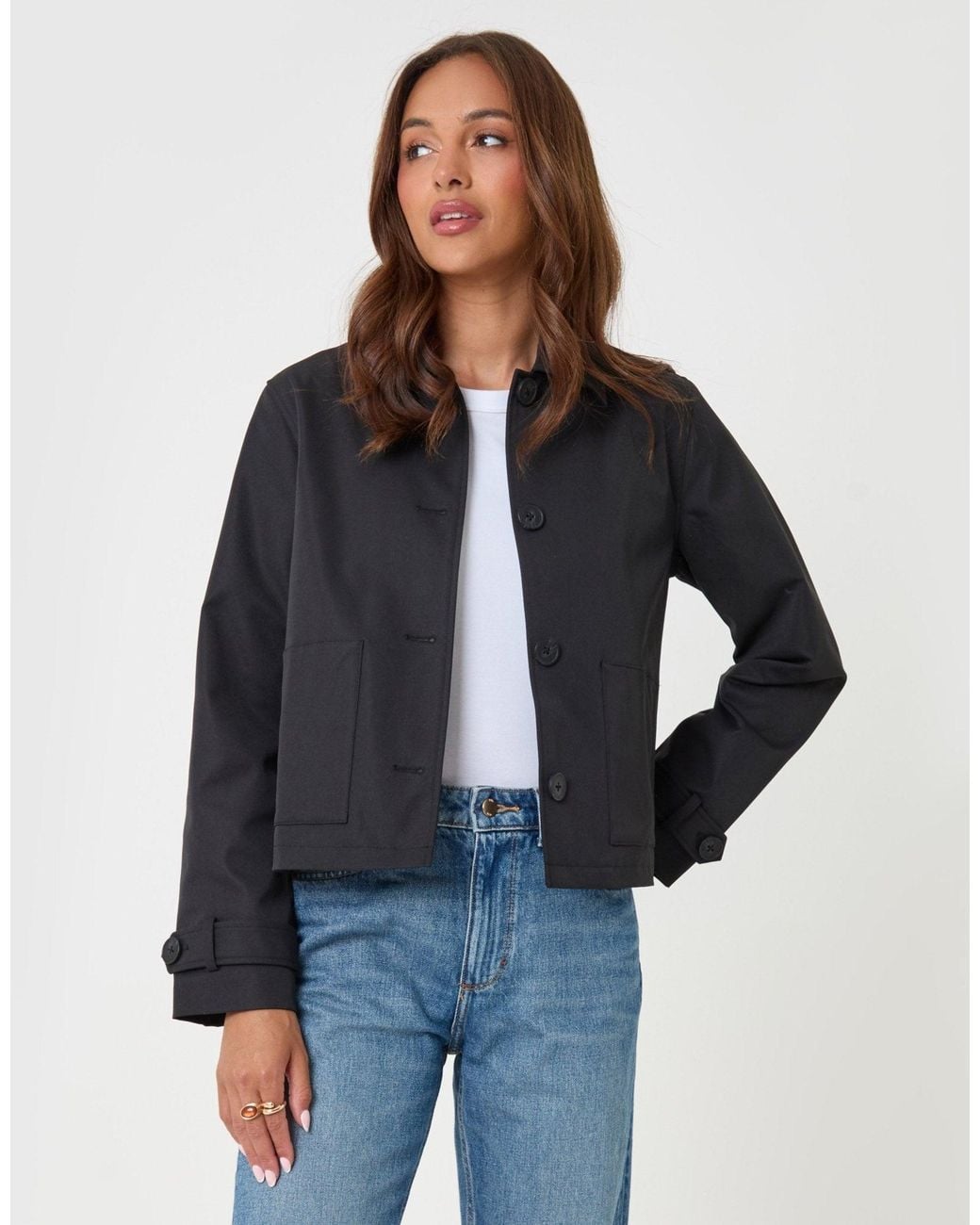 Threadbare Blue Scarf Detail Cropped Trench Coat