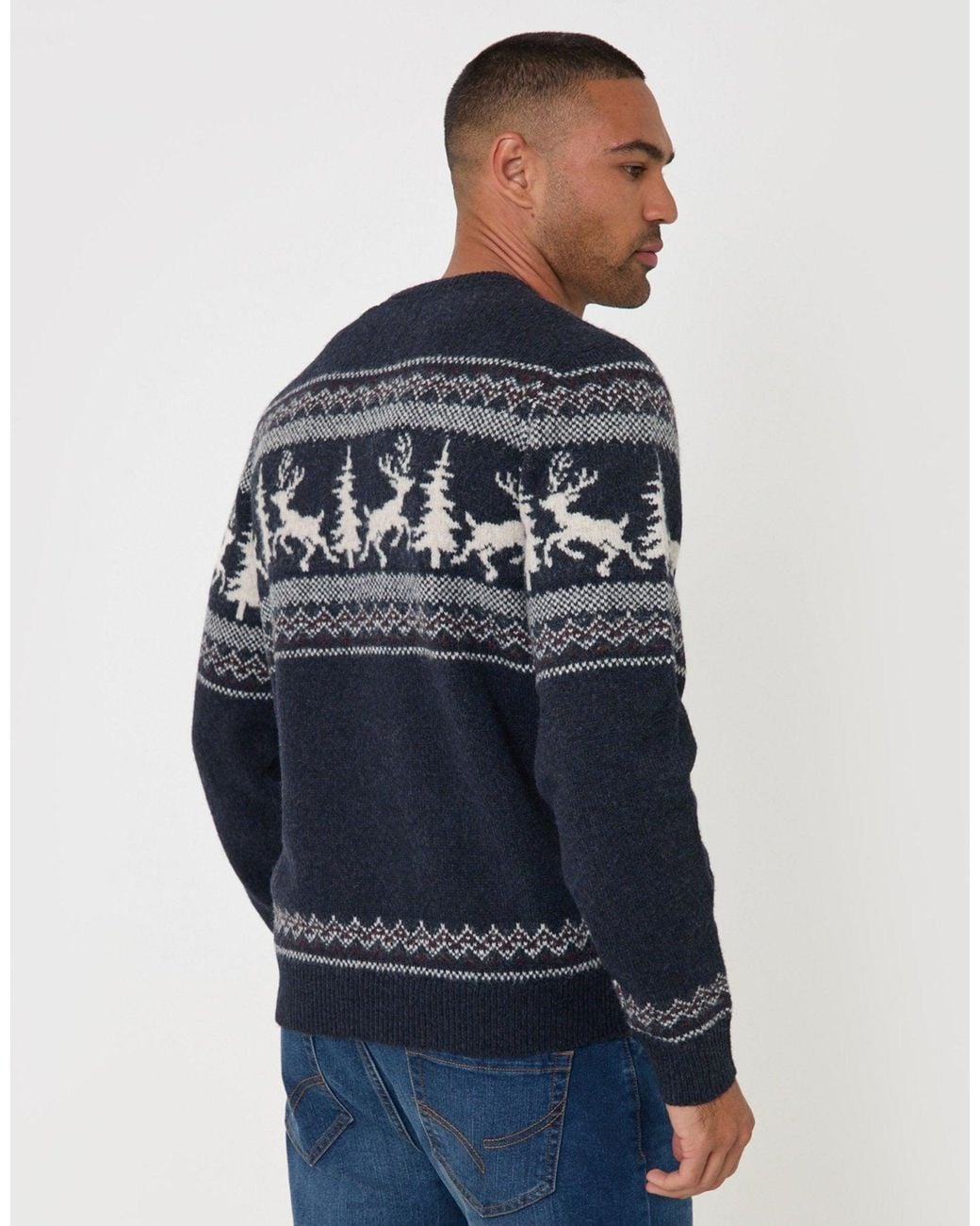 Threadbare Blue Reindeer Forest Fairisle Christmas Jumper for men