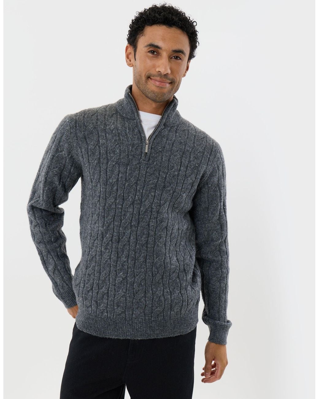 Threadbare Gray Cable Knit Quarter Zip Jumper for men