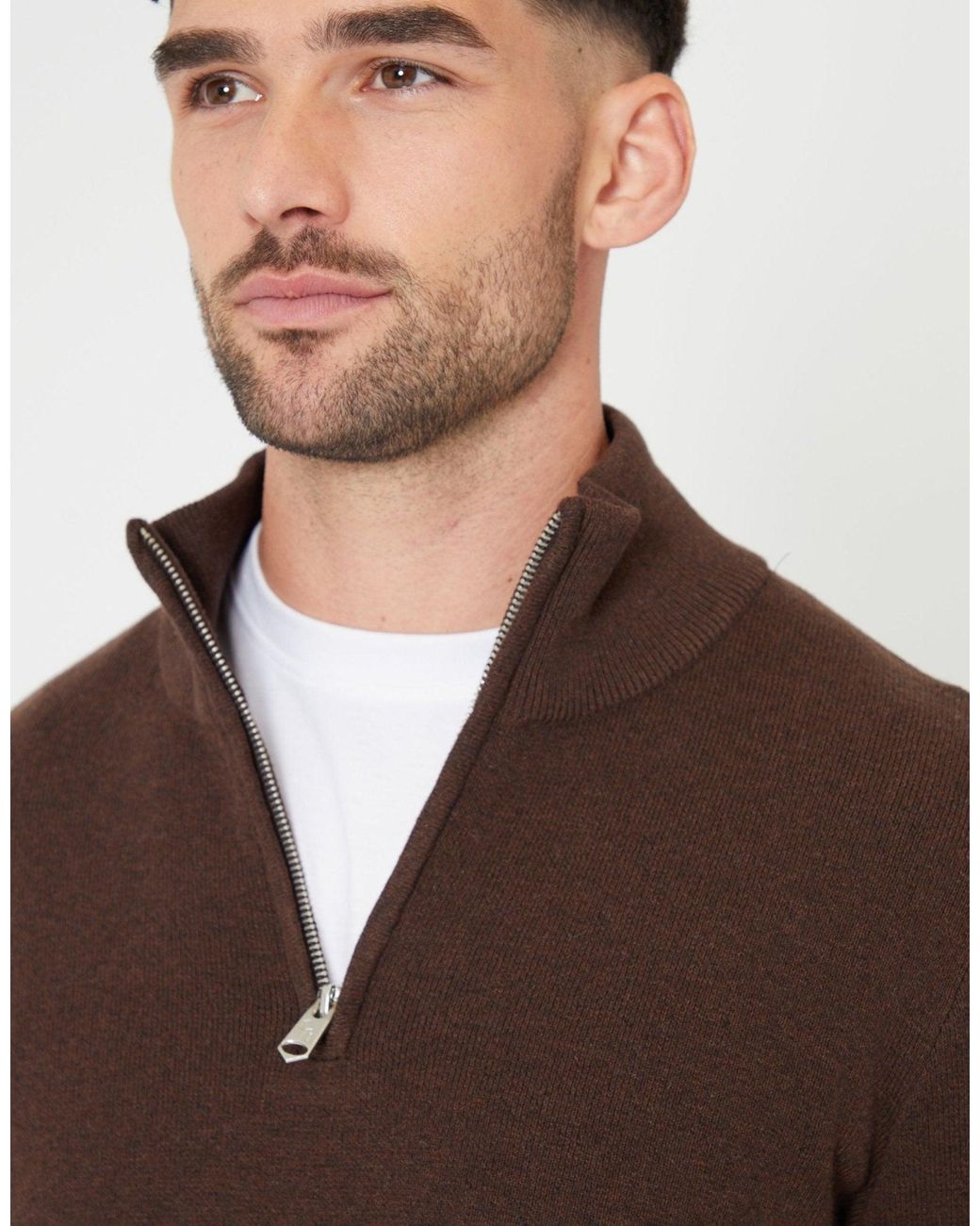 Threadbare Brown Knitted Quarter Zip Jumper for men