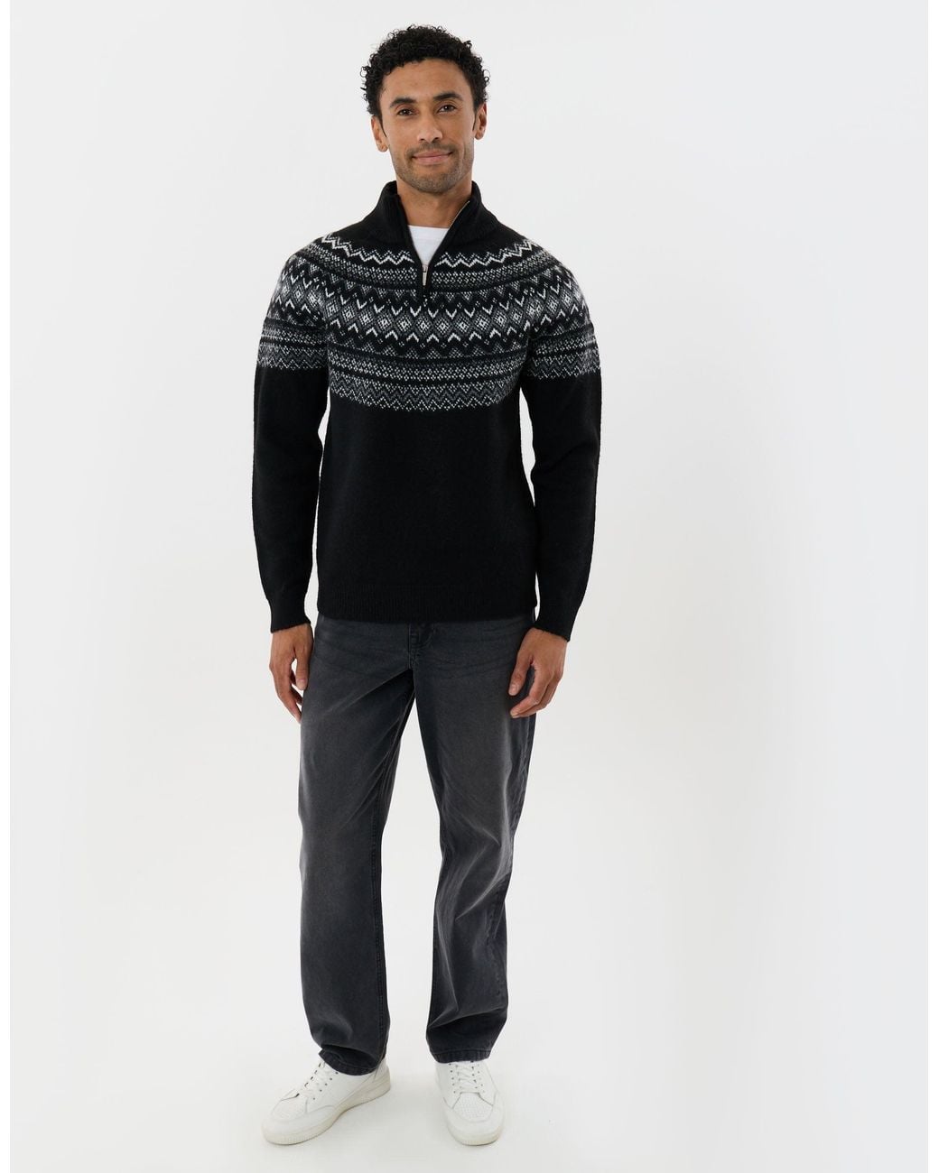 Threadbare Black Fairisle Quarter Zip Knitted Jumper for men