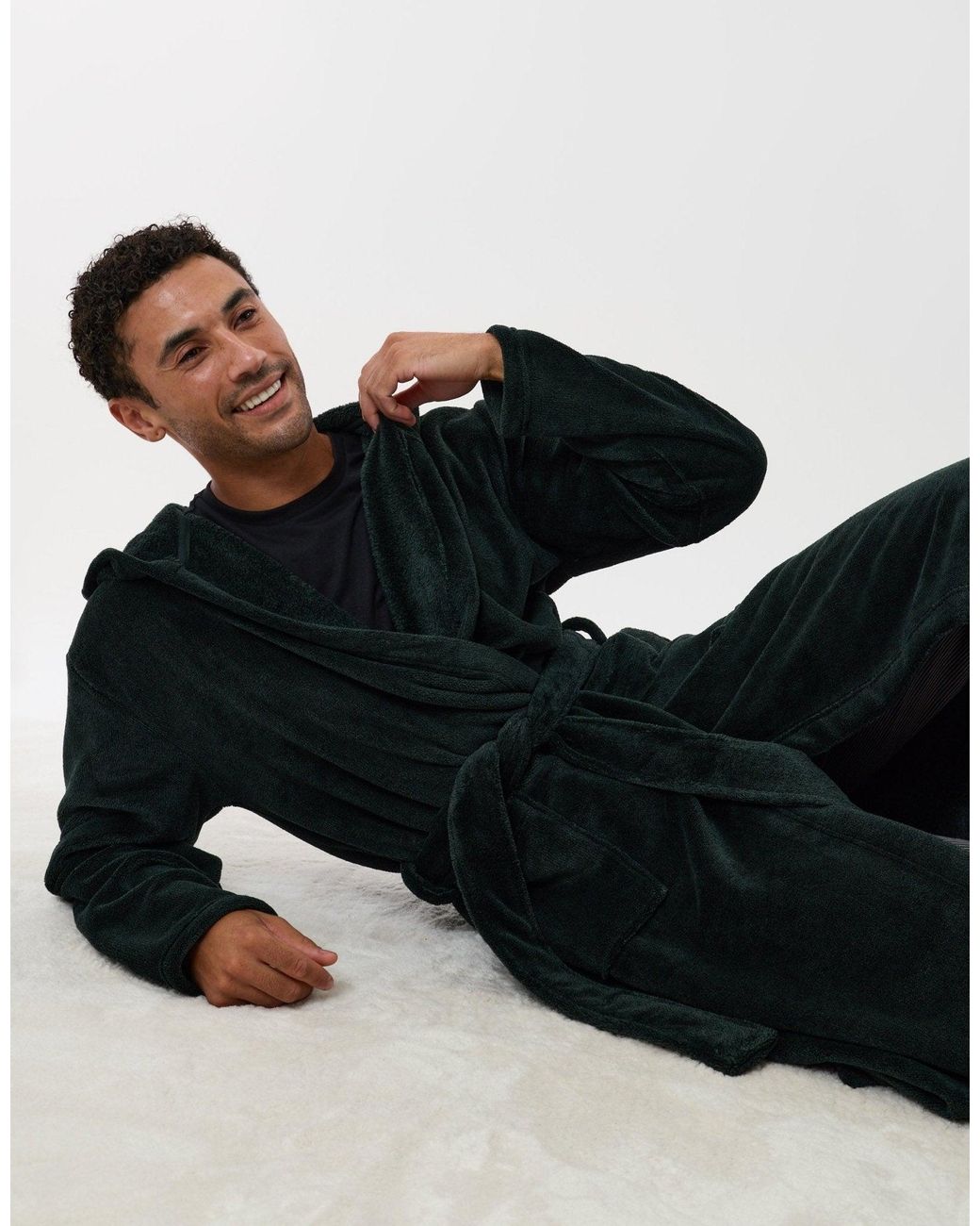 Threadbare Black Hooded Fleece Dressing Gown for men