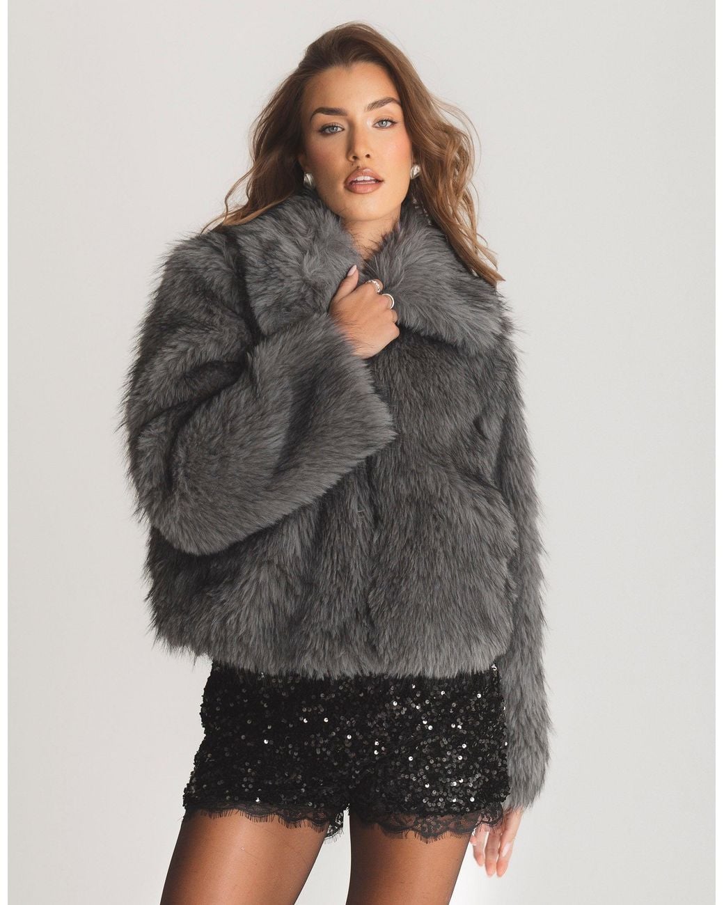 Threadbare Gray Faux Fur Collared Coat
