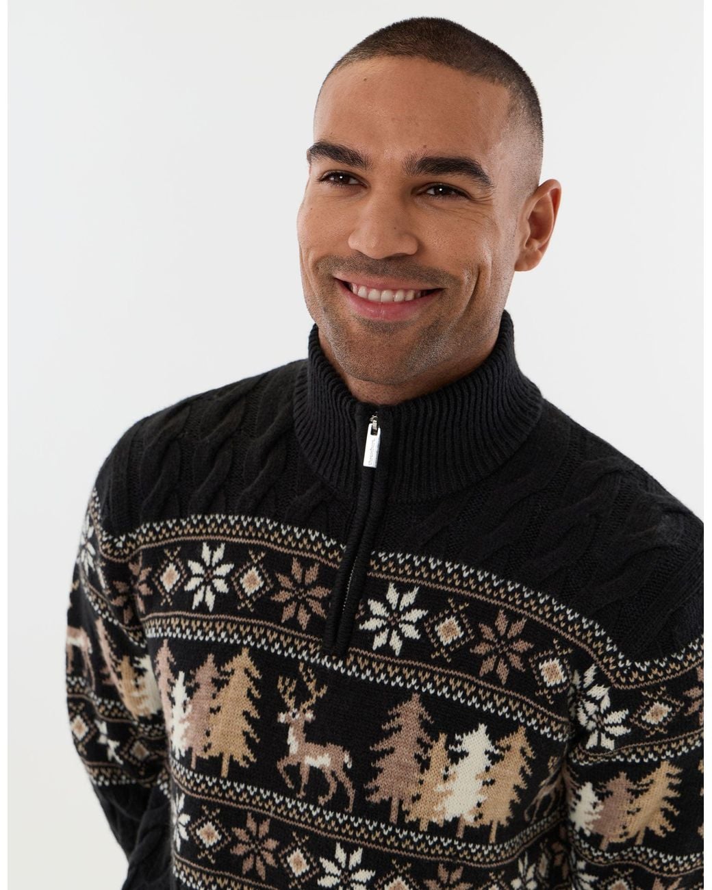 Threadbare Black Reindeer Forest Fairisle Quarter Zip Christmas Jumper for men