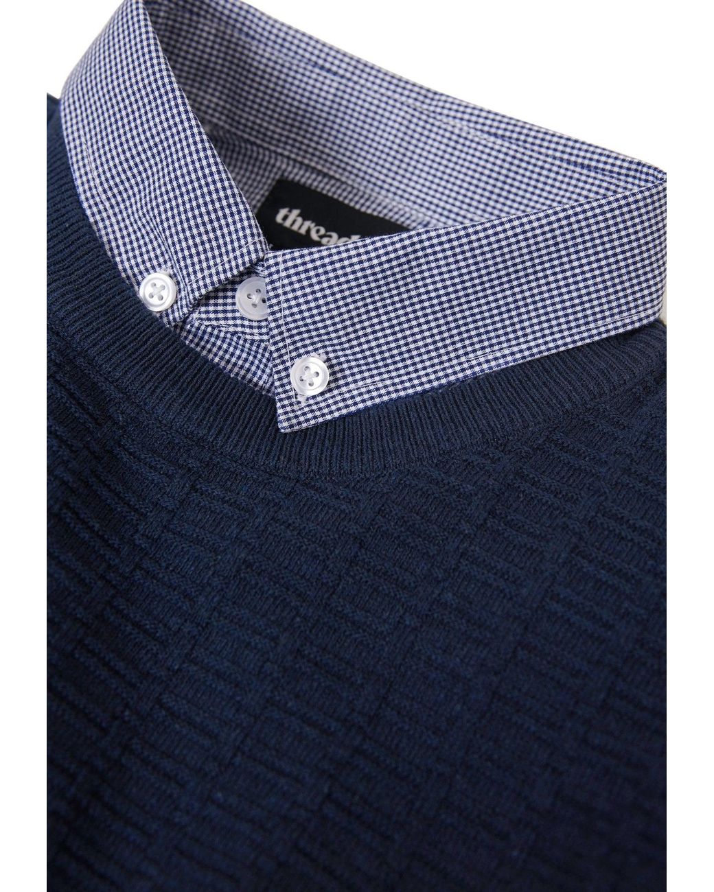 Threadbare Blue Mock Shirt Textured Knitted Jumper for men