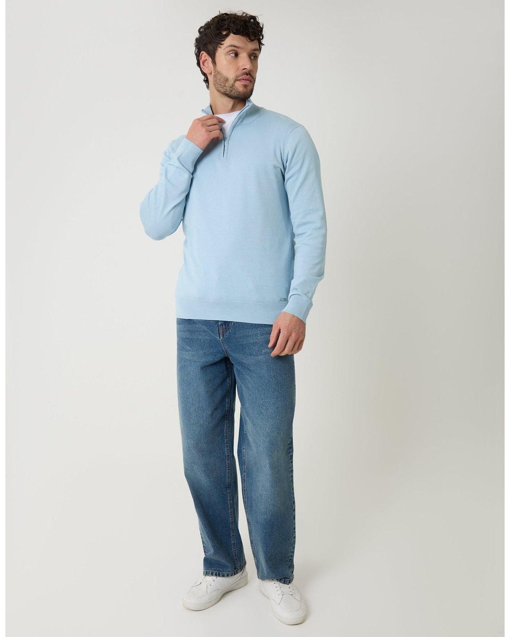 Threadbare Blue Funnel Neck Quarter Zip Knitted Jumper for men