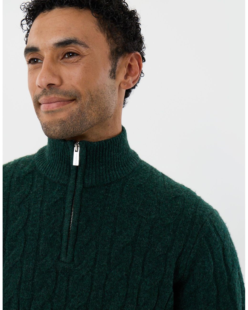 Threadbare Green Cable Knit Quarter Zip Jumper for men