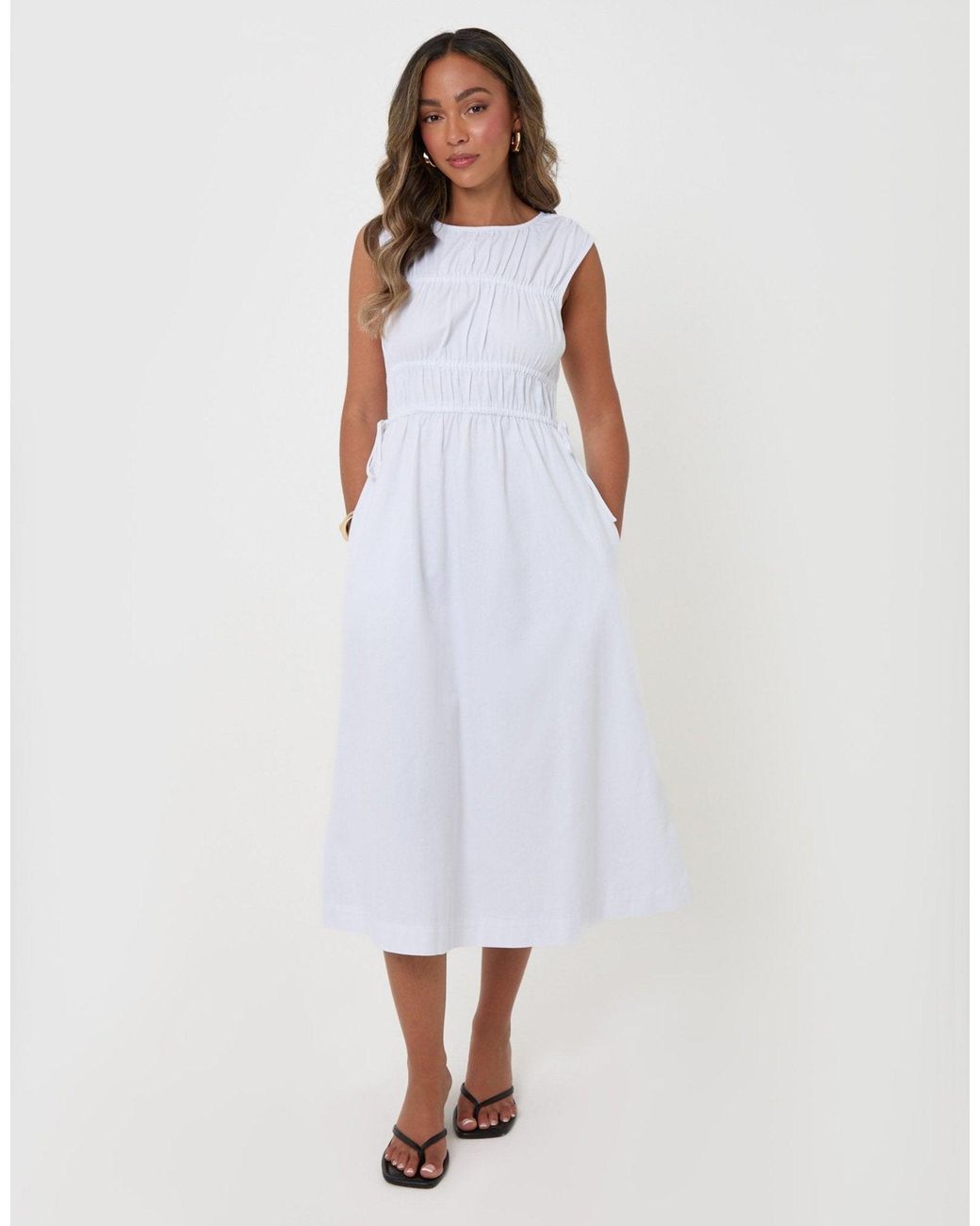 Threadbare White Shirred Denim Drawstring Waist Midaxi Dress
