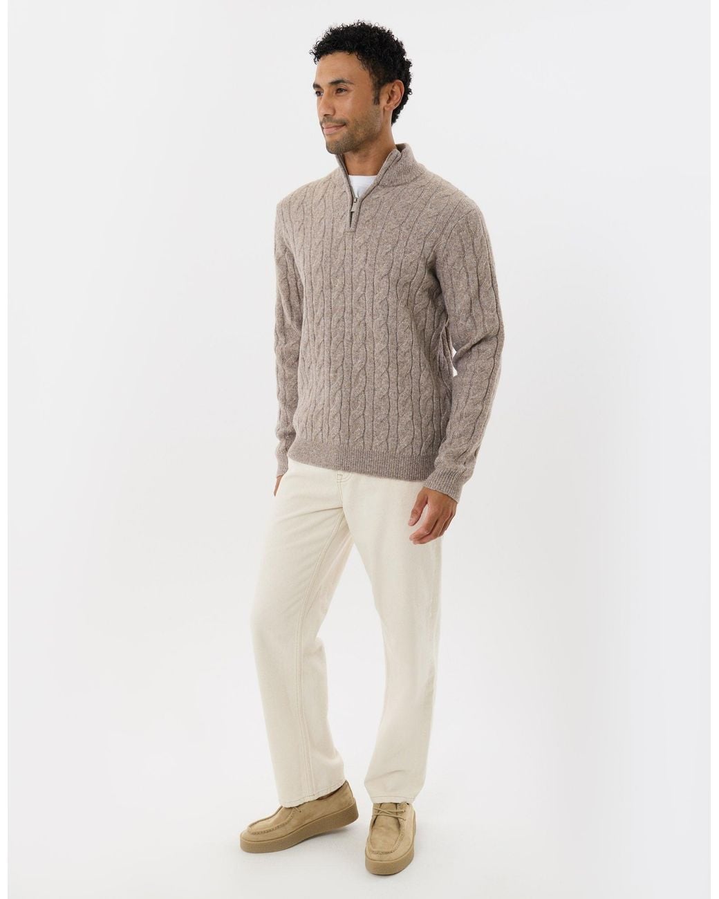 Threadbare Natural Cable Knit Quarter Zip Jumper for men
