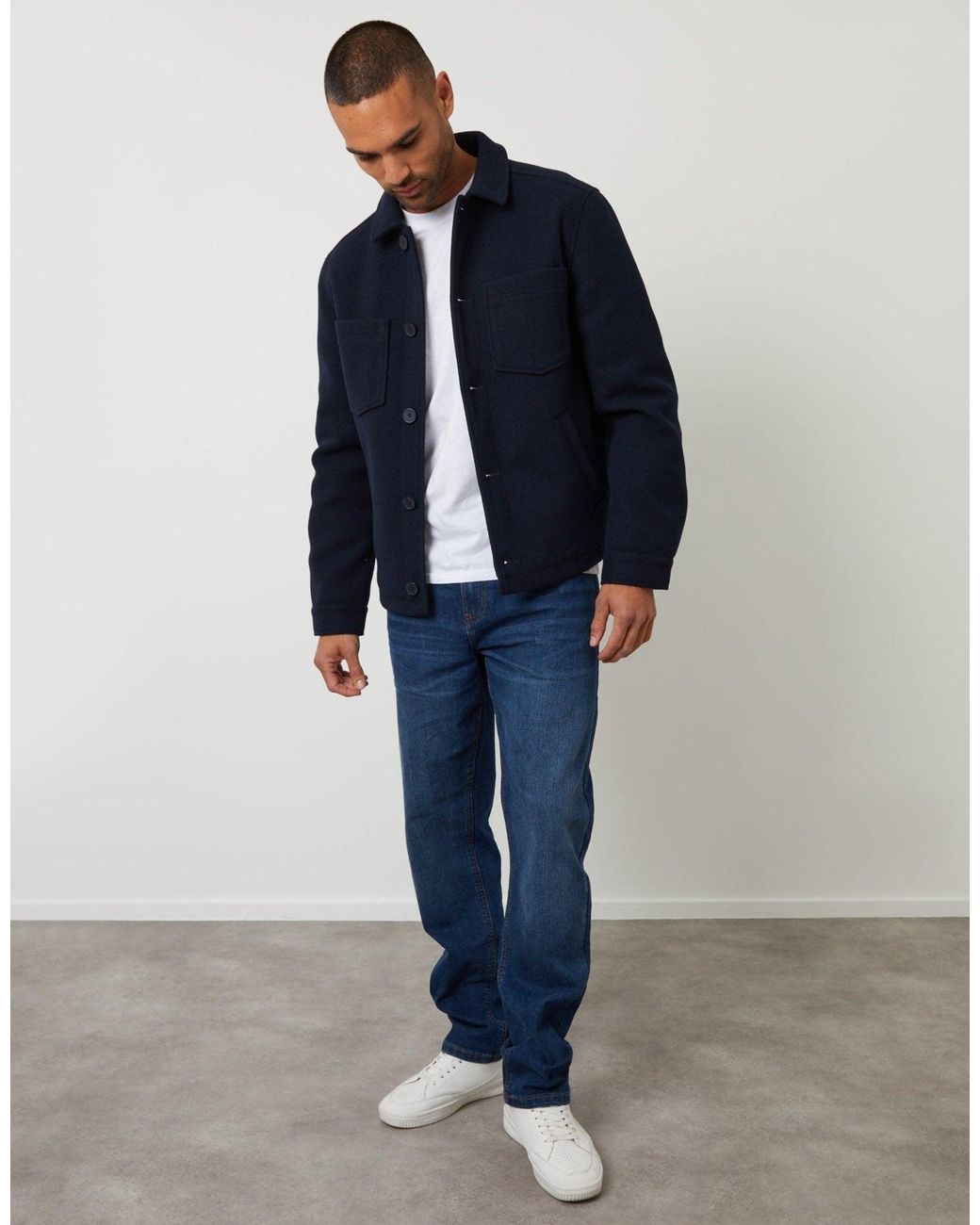 Threadbare Blue Faux Wool Button Up Quilted Shacket for men