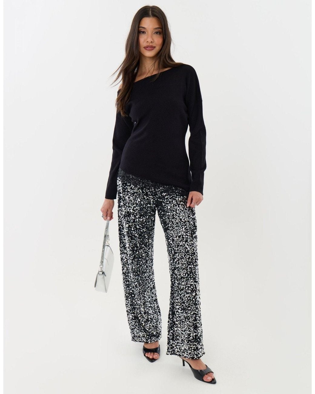 Threadbare Black Lace Hem Slash Neck Jumper