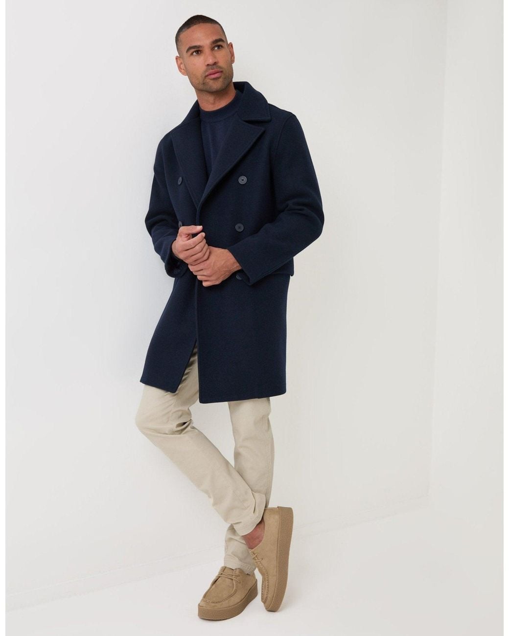 Threadbare Blue Faux Wool Double Breasted Trench Coat for men