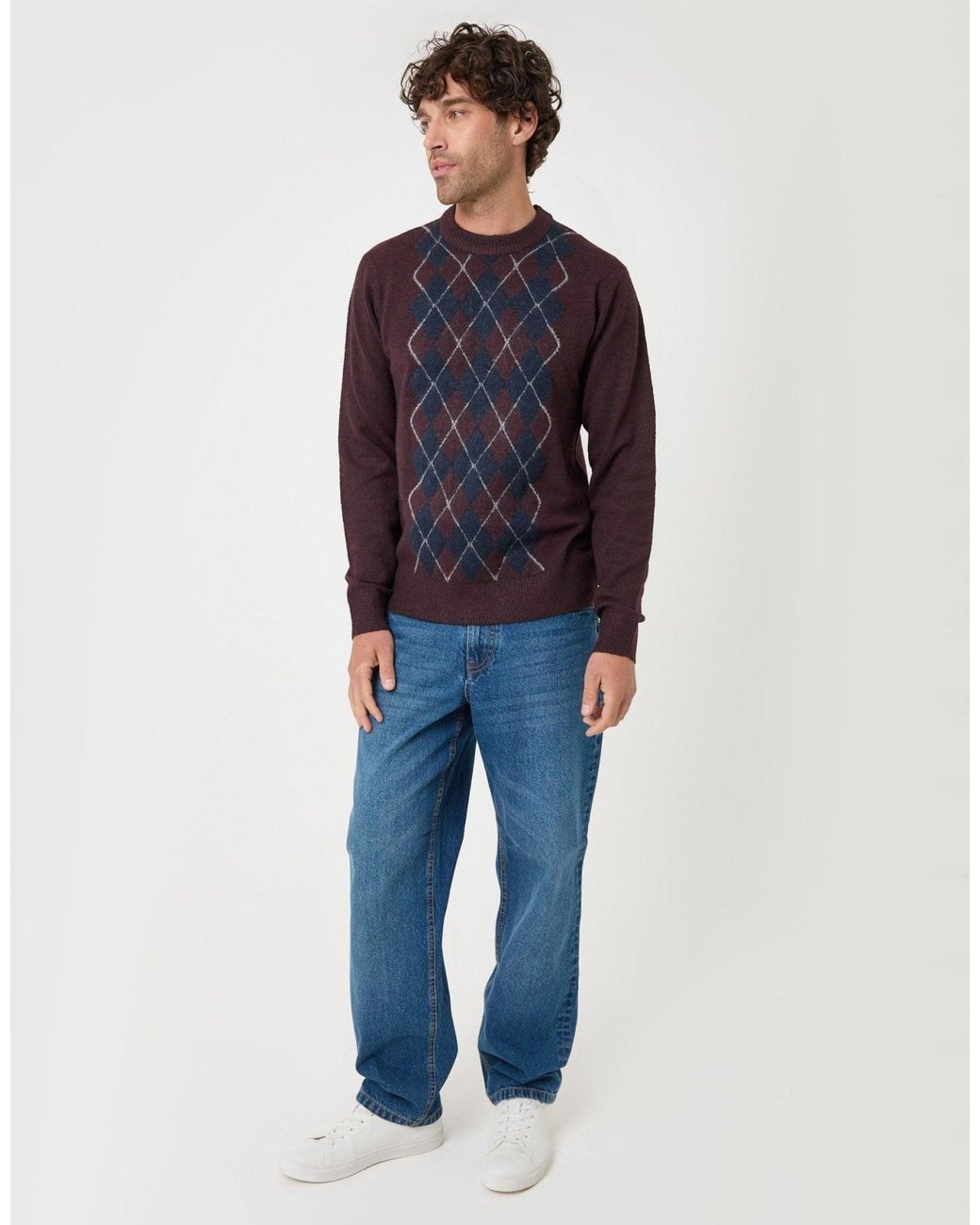 Threadbare Blue Argyle Crew Neck Jumper for men