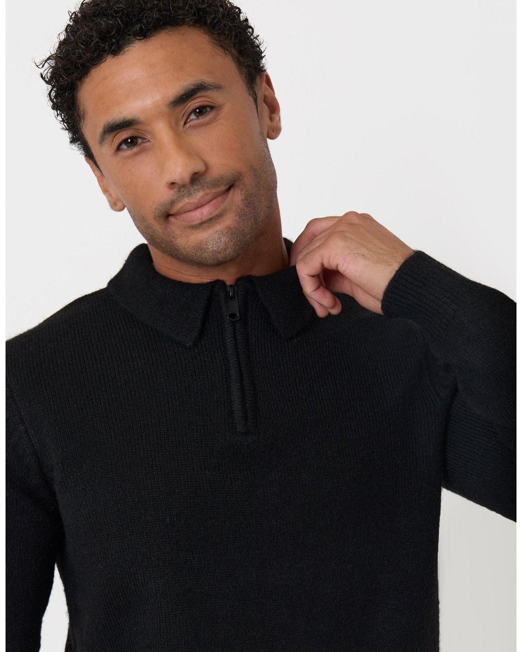 Threadbare Black Faux Wool Quarter Zip Polo for men