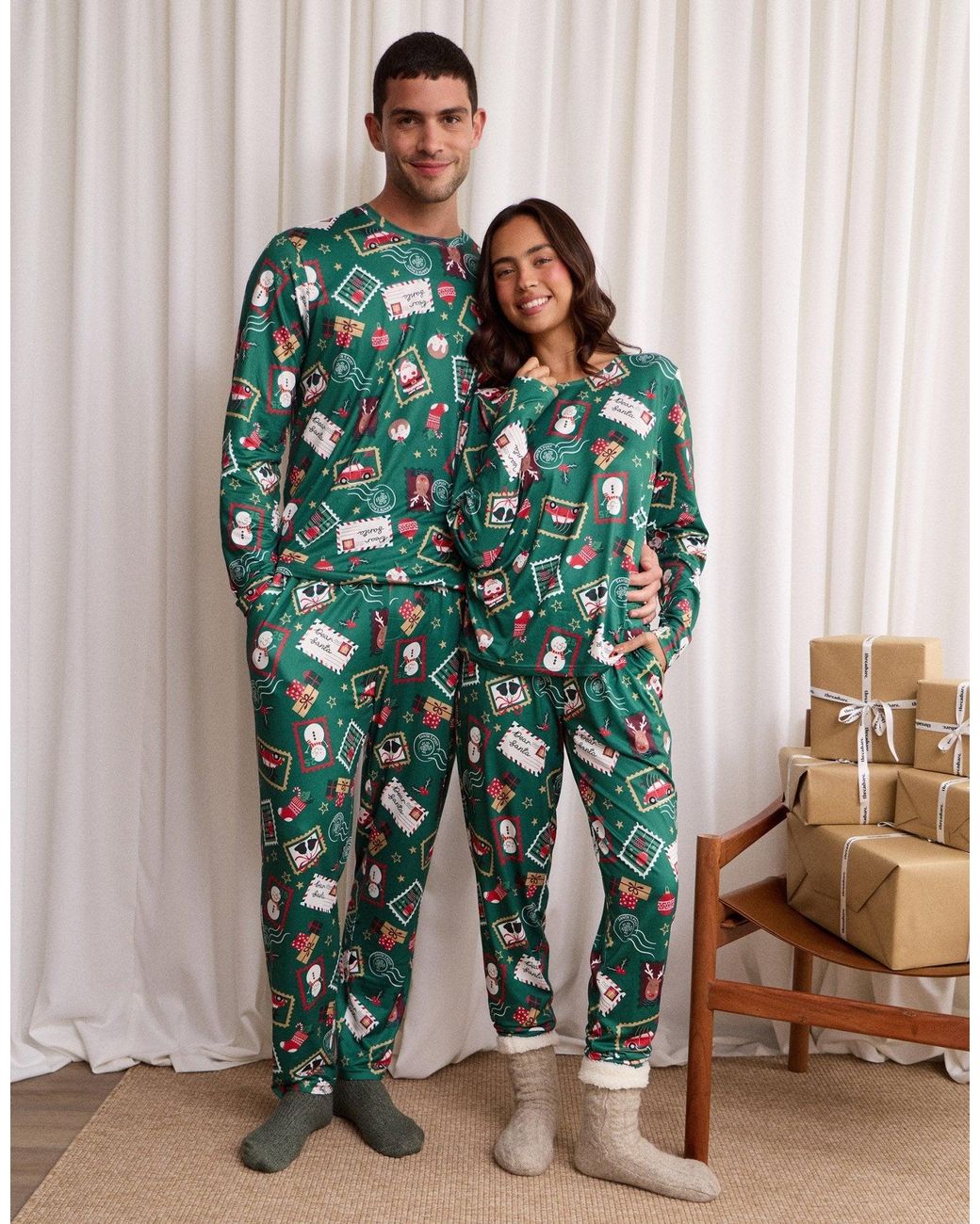 Threadbare Green Stamp Print Christmas Pyjama Set