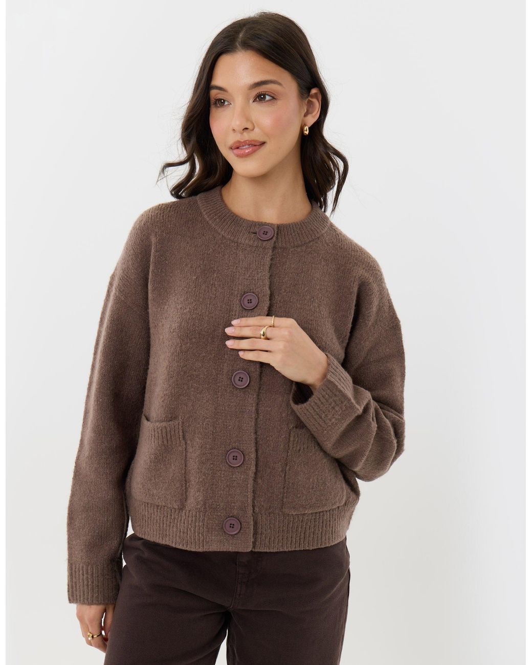 Threadbare Brown Pocket Detail Crew Neck Cardigan