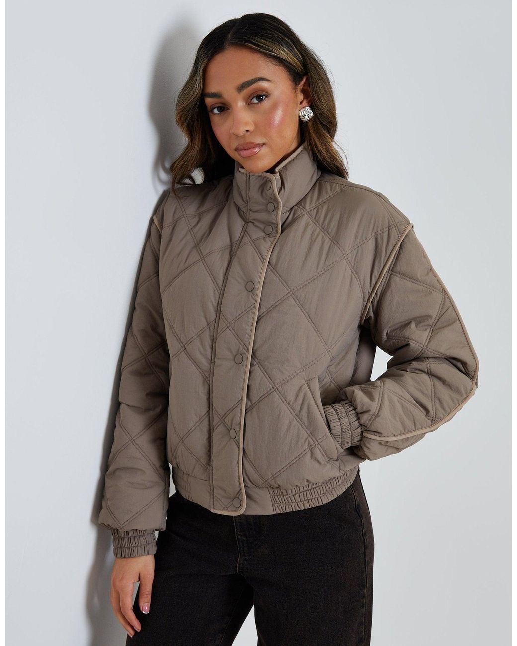 Threadbare Brown Quilted Funnel Neck Bomber Jacket