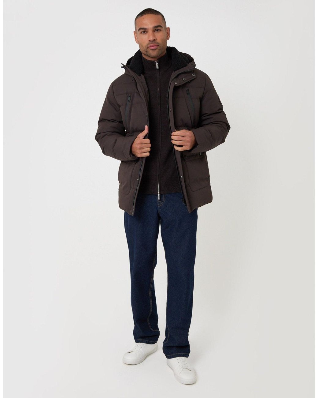 Threadbare Black Showerproof Hooded Puffer Coat With Borg Lined Hood for men