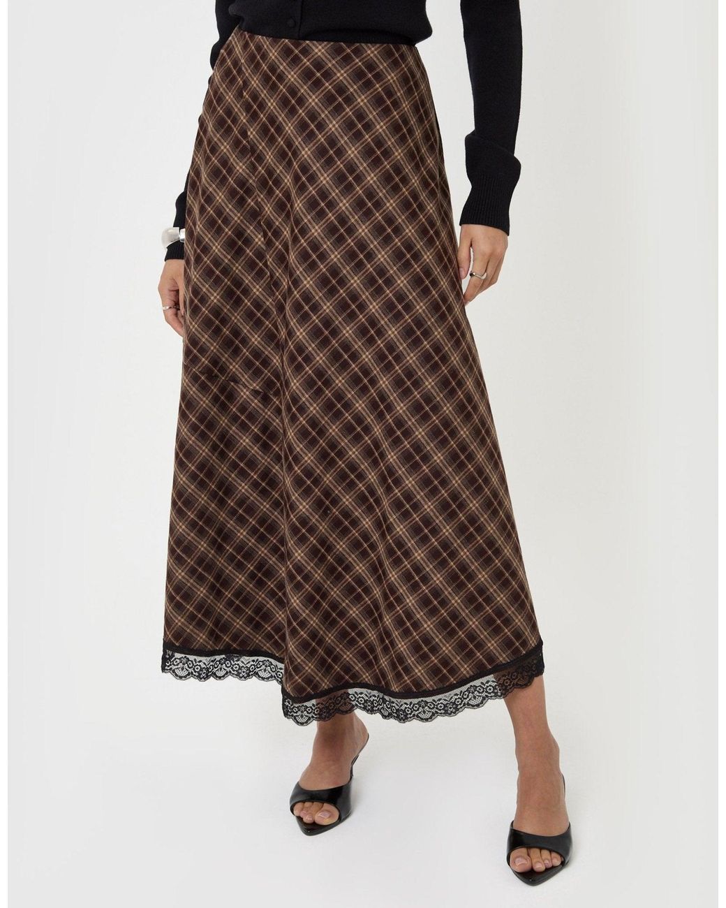 Threadbare Brown Asymmetric Lace Trim Midaxi Skirt