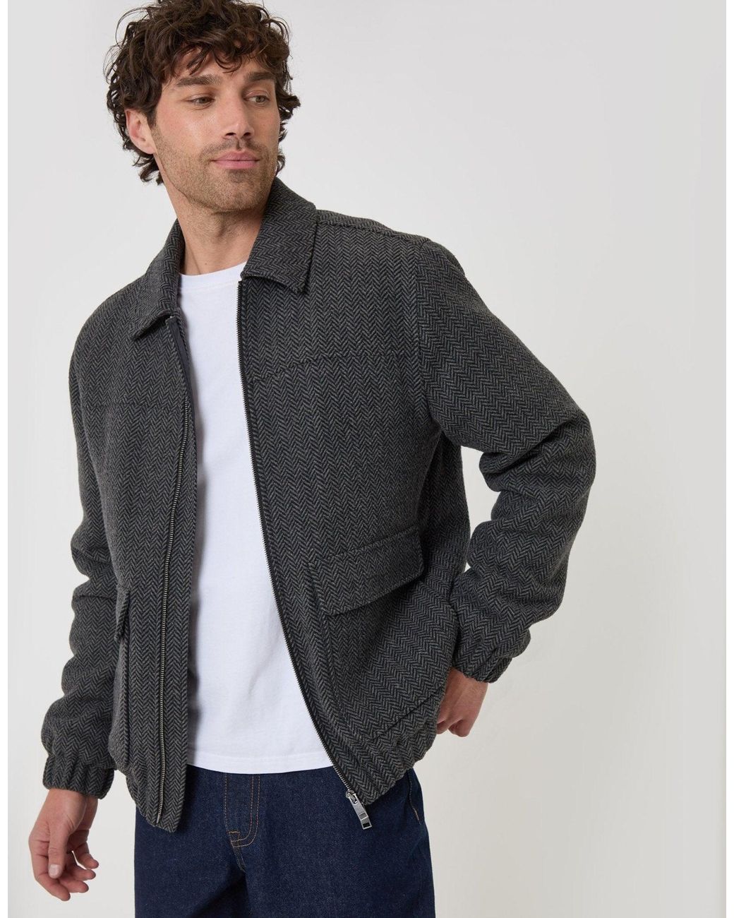 Threadbare Blue Herringbone Faux Wool Collared Jacket for men