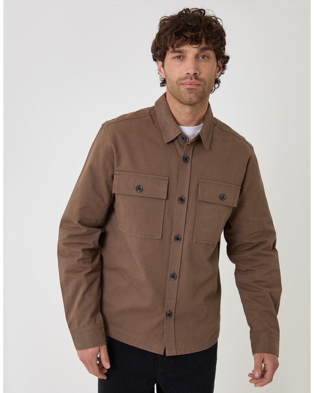 Threadbare Brown Curved Hem Cotton Shacket for men
