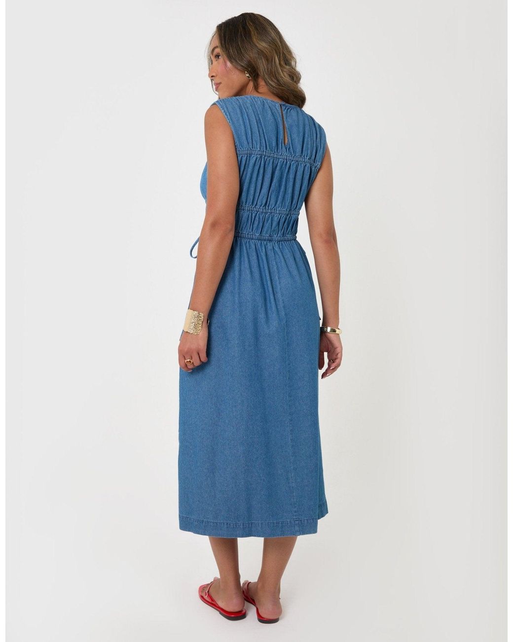 Threadbare Blue Shirred Denim Drawstring Waist Midaxi Dress