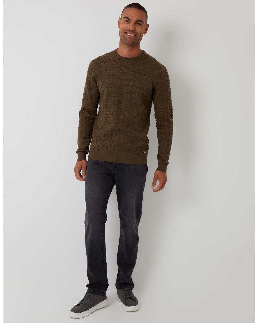Threadbare Brown Cable Knit Crew Neck Jumper for men