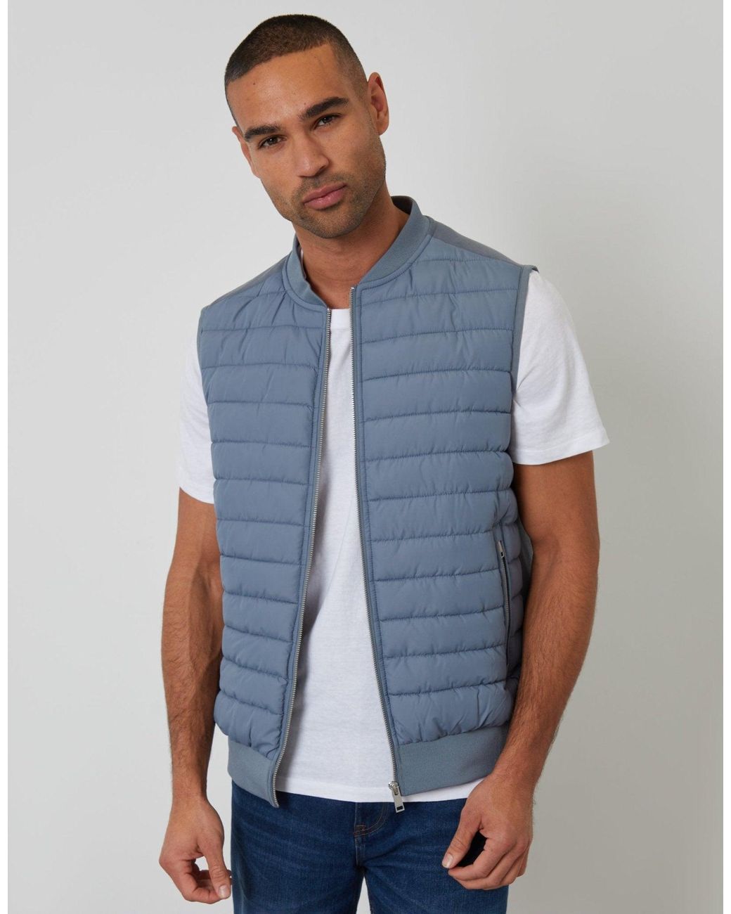 Threadbare Blue Quilted Hybrid Gilet for men