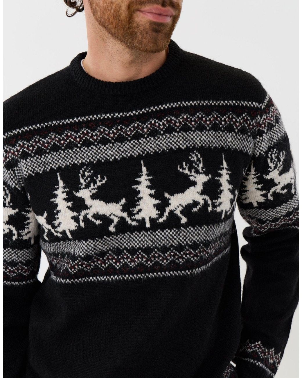 Threadbare Gray Reindeer Forest Fairisle Christmas Jumper for men