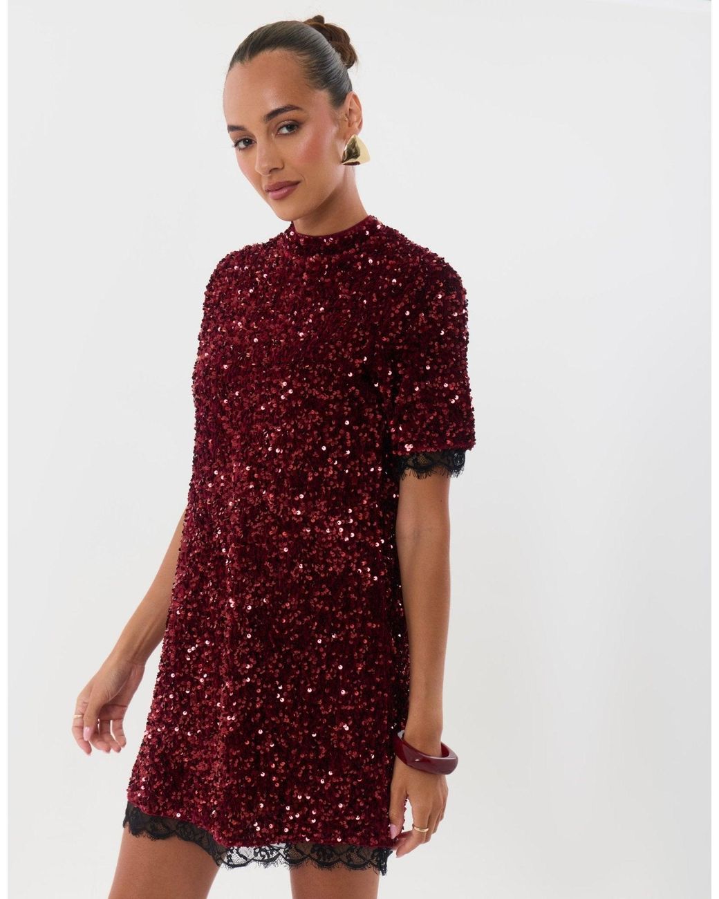 Threadbare Red High Neck Sequin Mini Dress