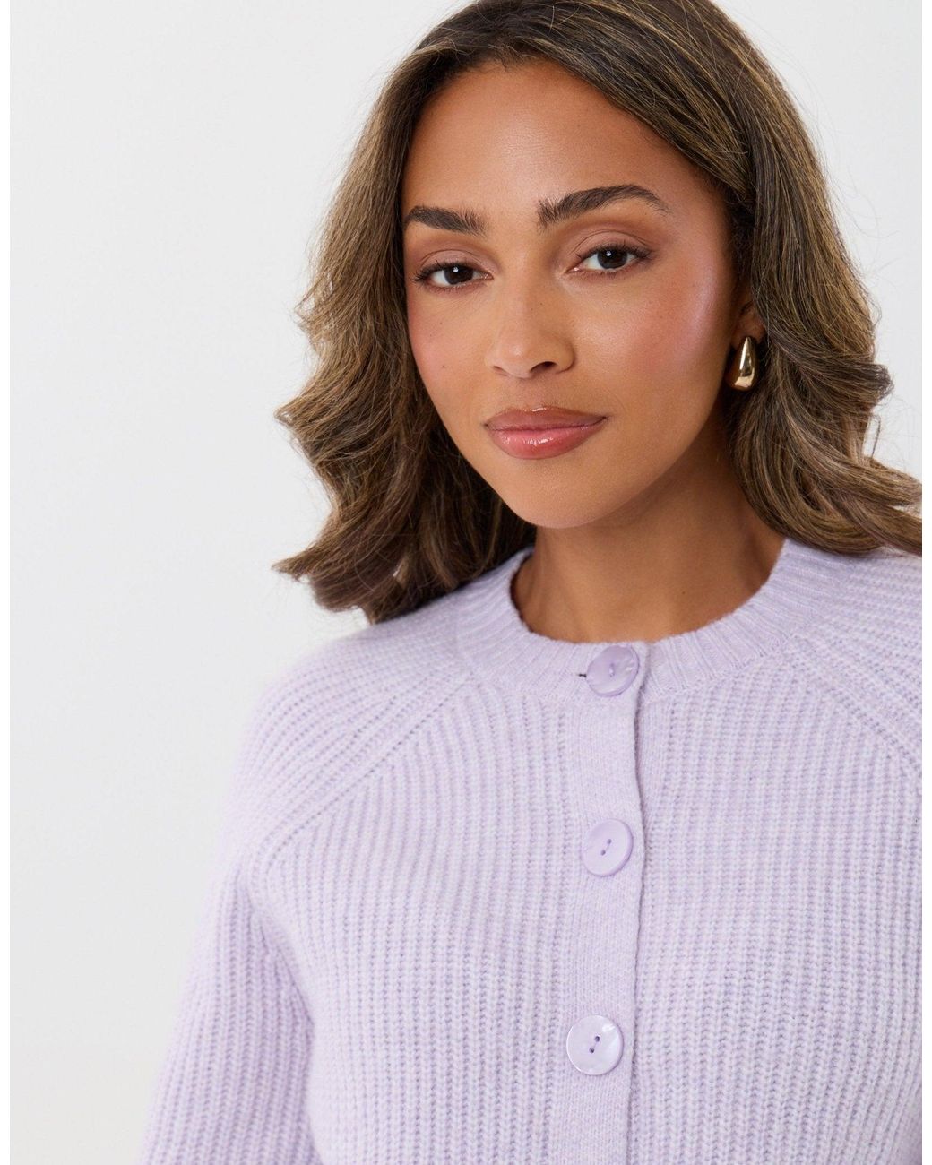 Threadbare Purple Chunky Knit Crew Neck Cardigan