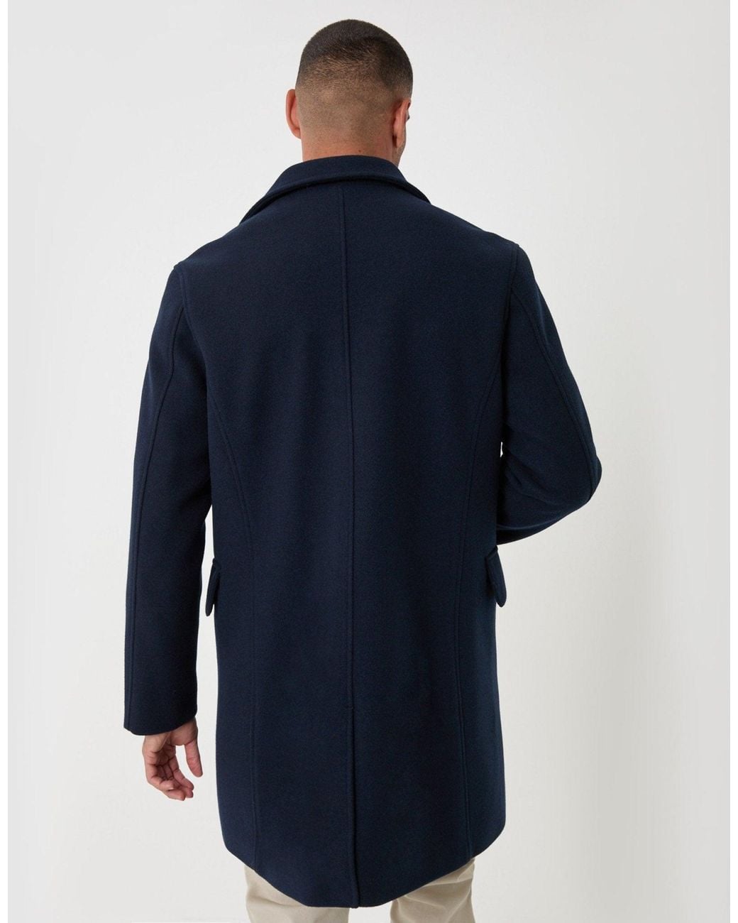 Threadbare Blue Faux Wool Double Breasted Trench Coat for men