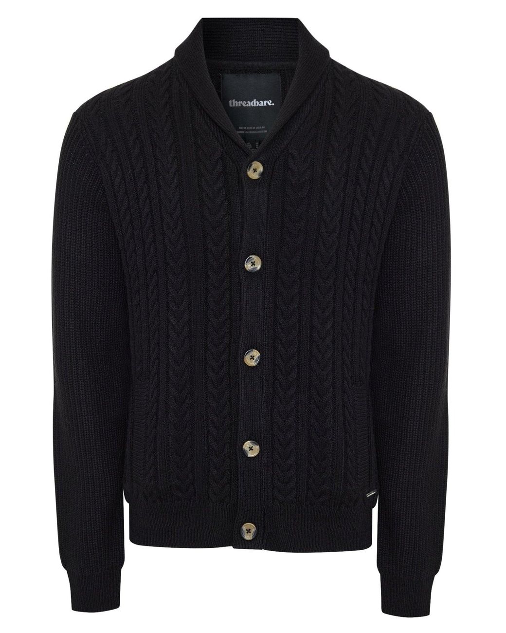 Threadbare Black Cable Knit Shawl Cardigan for men