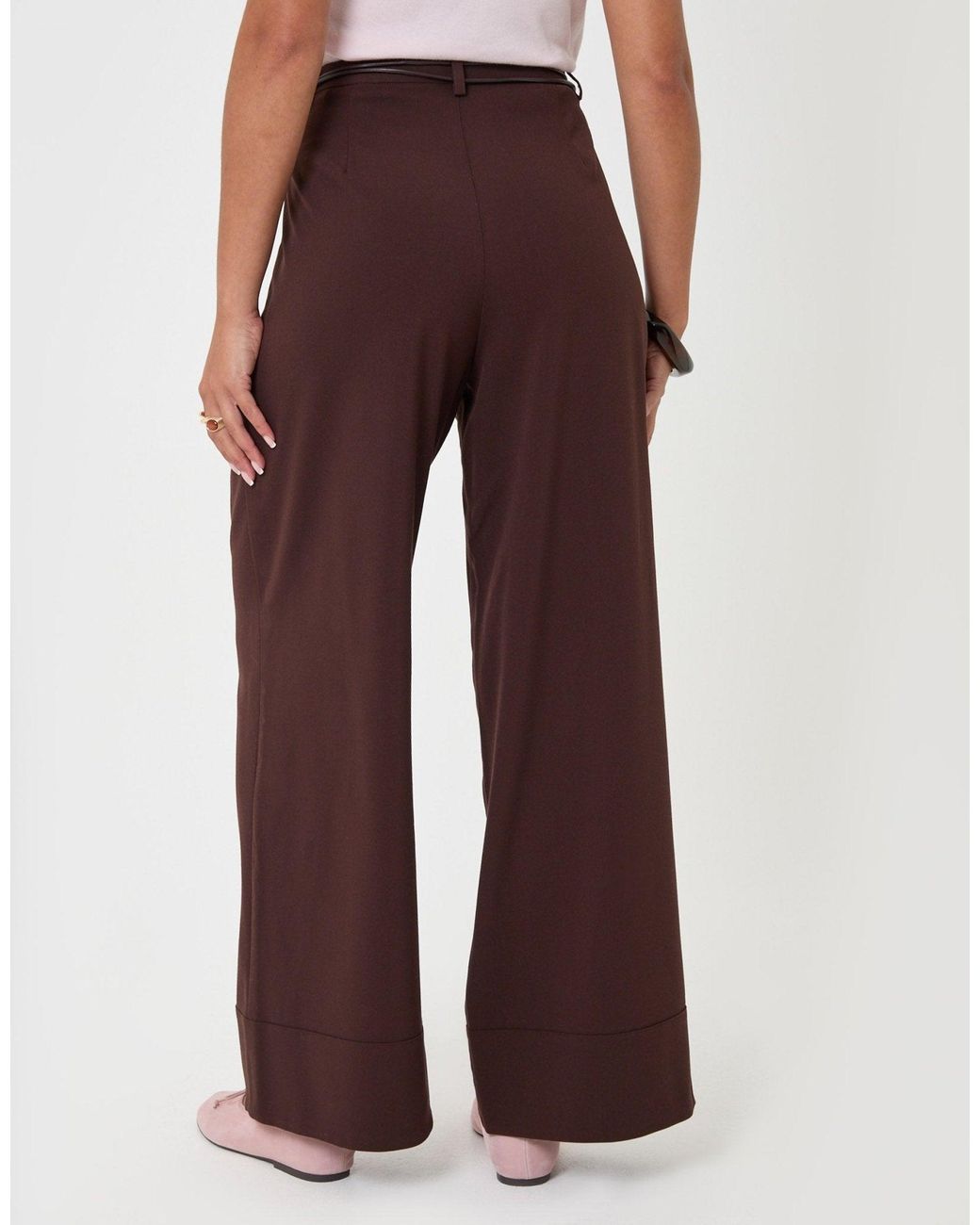 Threadbare Brown Pleated Wide Leg Trousers With Faux Leather Belt